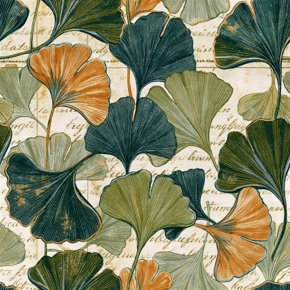 Antique Botanical Gingko Olive Ochre Seamless Digital Paper Pack (DDD016485)