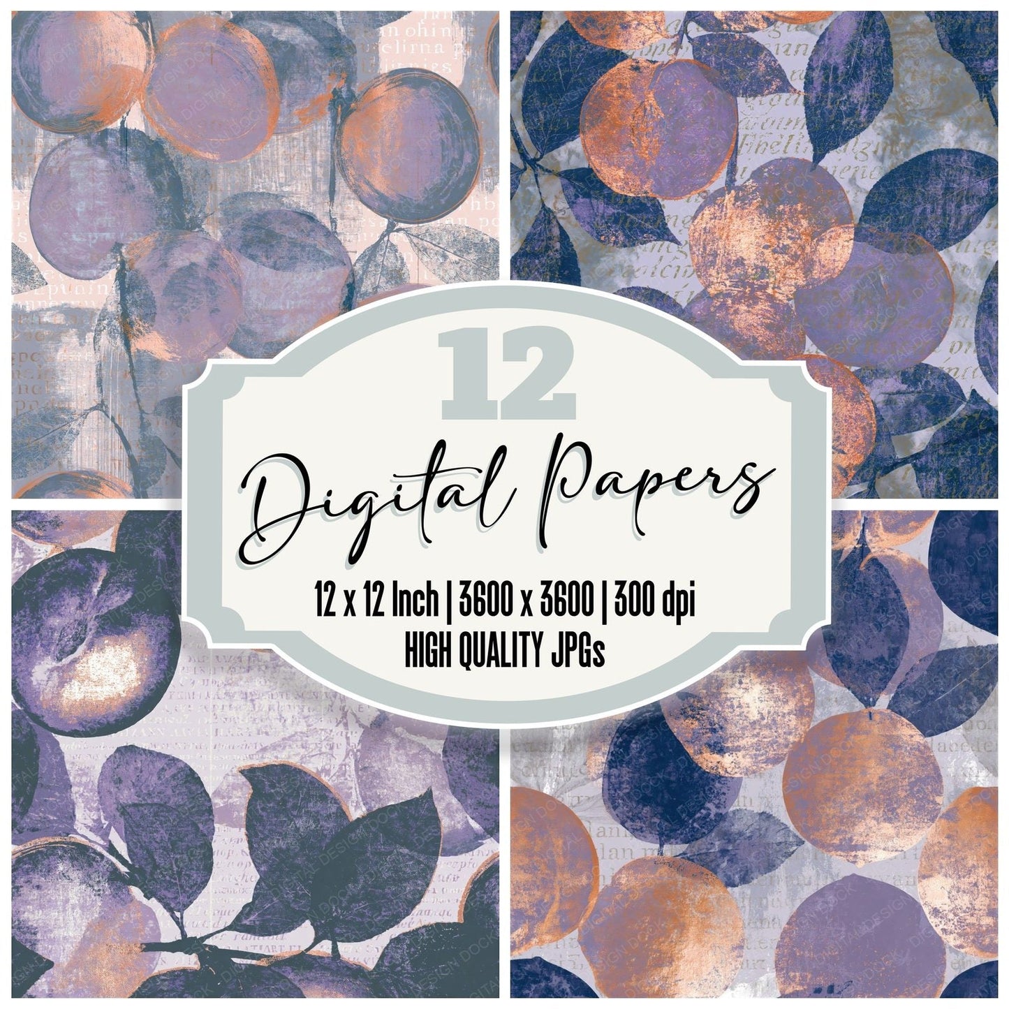 Blueprint Peaches Violet Grey Seamless Digital Paper Pack (DDD016490)