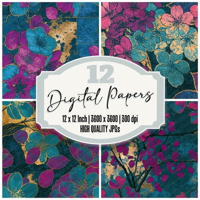 Pop Art Cherry Blossom Teal Magenta Seamless Digital Paper Pack (DDD016498)