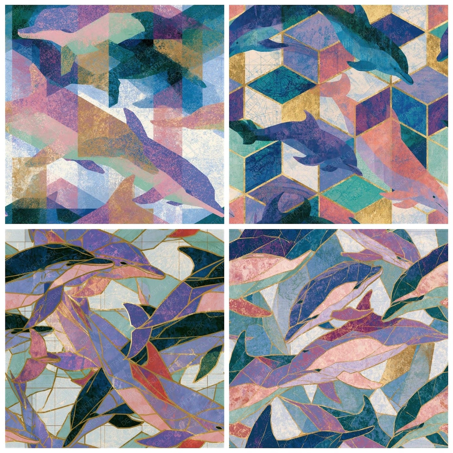 Isometric Dolphins Rose Lilac Seamless Digital Paper Pack (DDD016533)