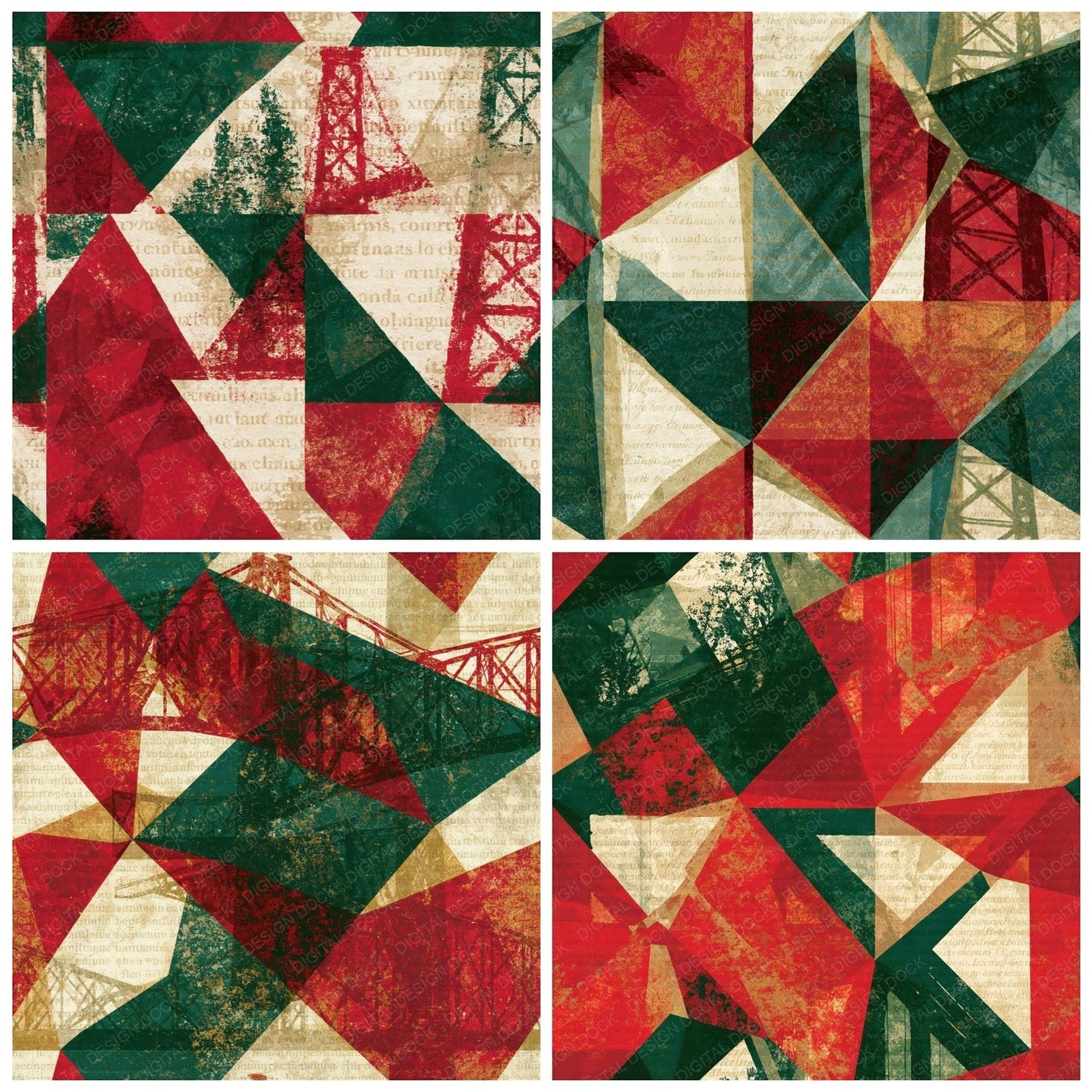 Low Poly Iron Bridges Cranberry Pine Seamless Digital Paper Pack (DDD016535)