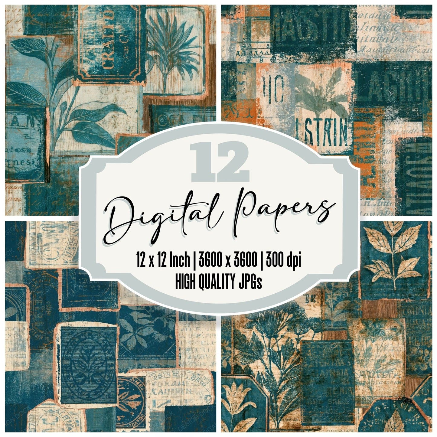 Pyrography Travel Labels Teal Bone Seamless Digital Paper Pack (DDD016539)