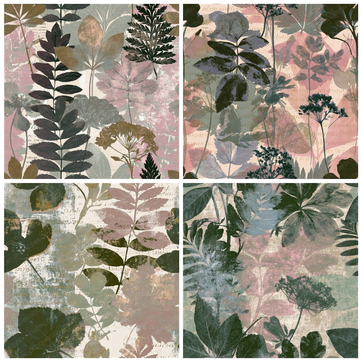 Four Solarised Botanicals Rosewater Sage Seamless digital papers from the pack shown in a grid