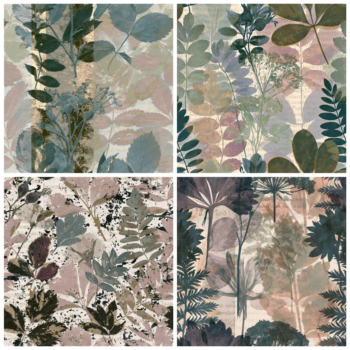 Four more Solarised Botanicals Rosewater Sage Seamless digital papers from the pack shown in a grid