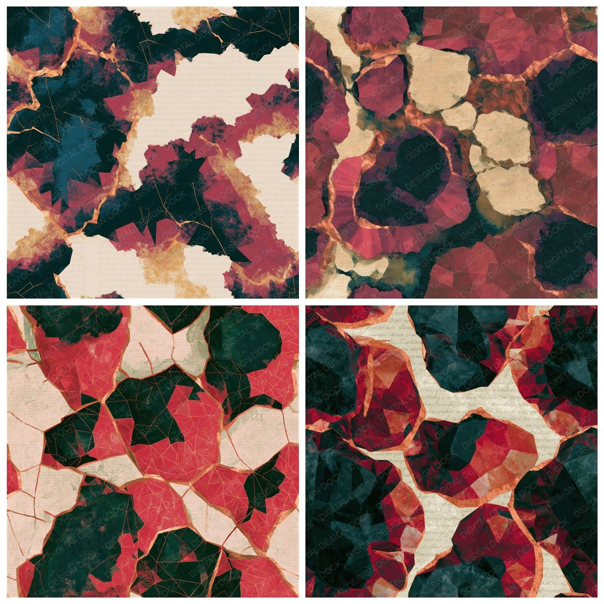Four Low Poly Crater Lakes Berry Spruce Seamless digital papers from the pack shown in a grid