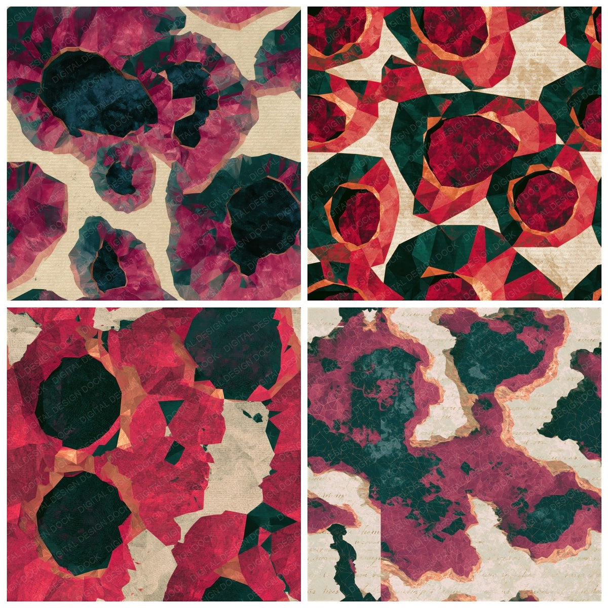 Four more Low Poly Crater Lakes Berry Spruce Seamless digital papers from the pack shown in a grid