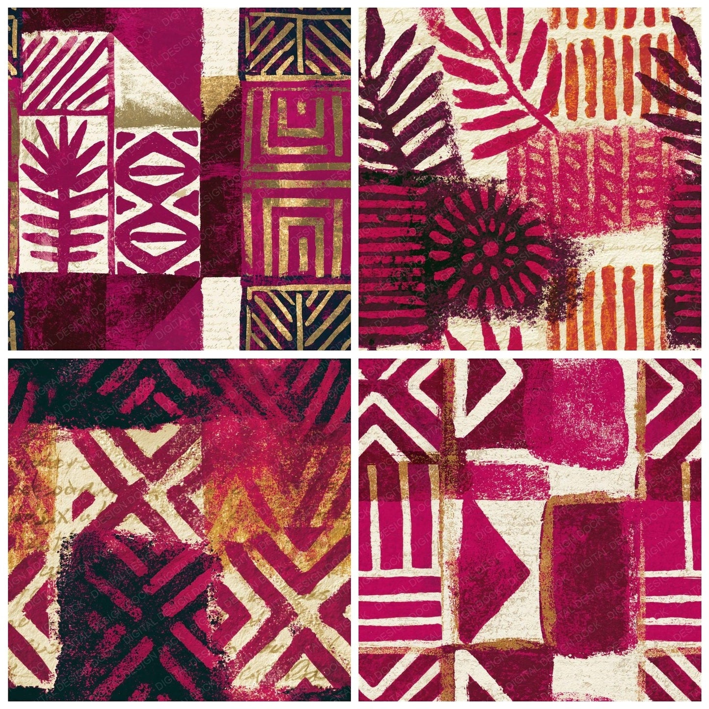 Monoprint Bogolan Magenta Bone Seamless Digital Paper Pack (DDD016559)