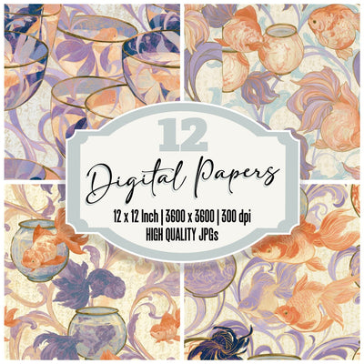 Rococo Goldfish Bowls Peach Lavender Seamless Digital Paper Pack (DDD016560)