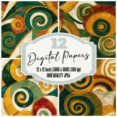 Vintage Travel Spiral Olive Ochre Seamless digital paper pack cover showing four of the 12 papers