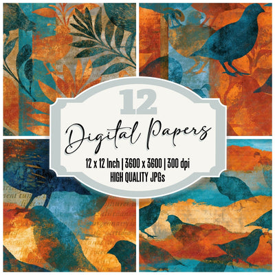 Impressionist Quail Burnt Orange Turquoise Seamless Digital Paper Pack (DDD016567)