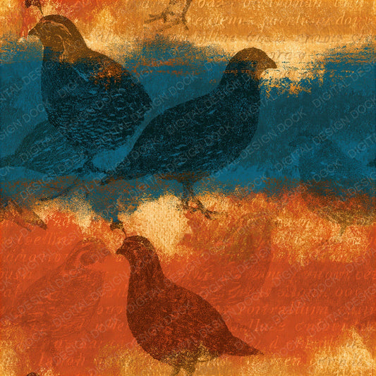 Impressionist Quail Burnt Orange Turquoise Seamless Digital Paper Pack (DDD016567)