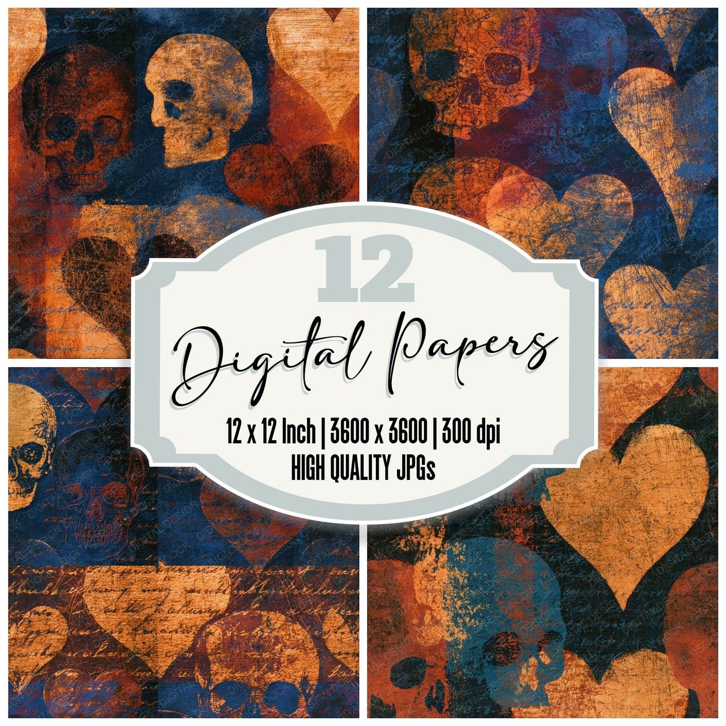 Scratchboard Hearts Skulls Copper Rust Seamless Digital Paper Pack (DDD016576)