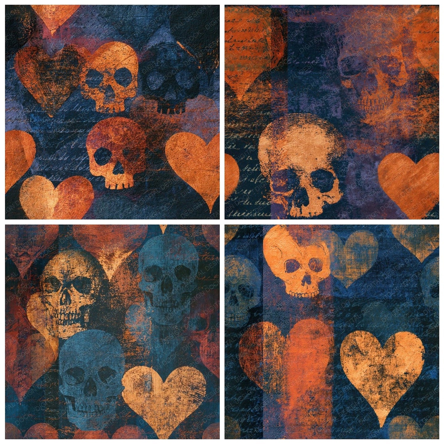 Scratchboard Hearts Skulls Copper Rust Seamless Digital Paper Pack (DDD016576)