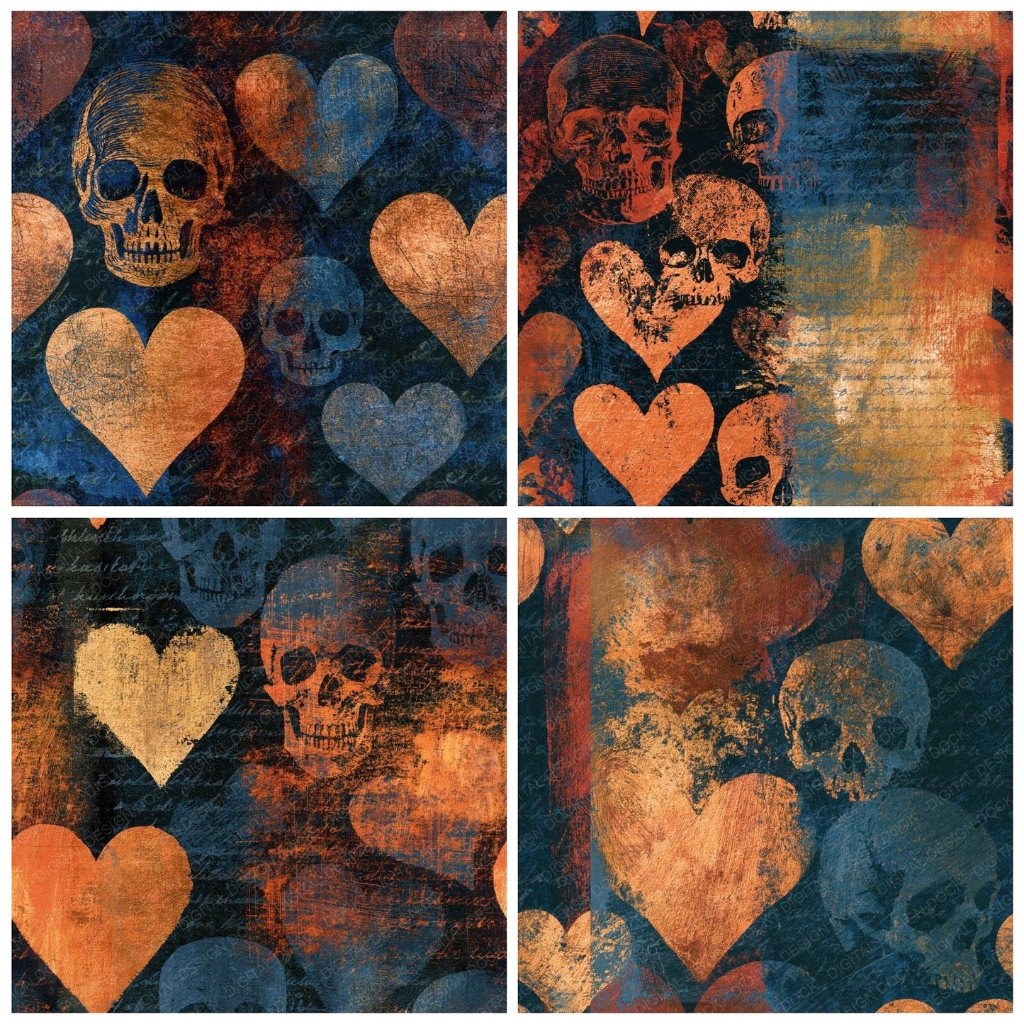 Scratchboard Hearts Skulls Copper Rust Seamless Digital Paper Pack (DDD016576)