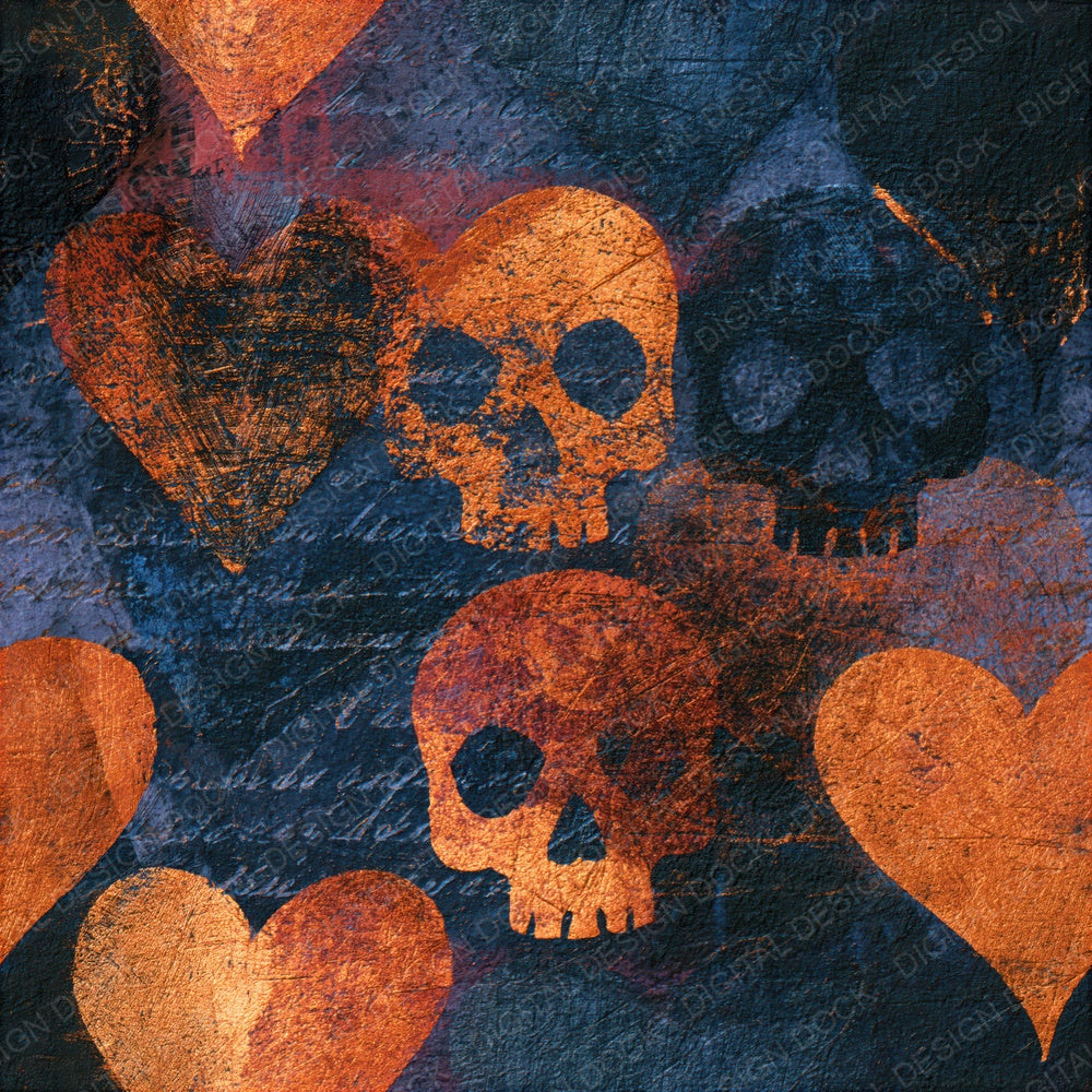 Scratchboard Hearts Skulls Copper Rust Seamless Digital Paper Pack (DDD016576)