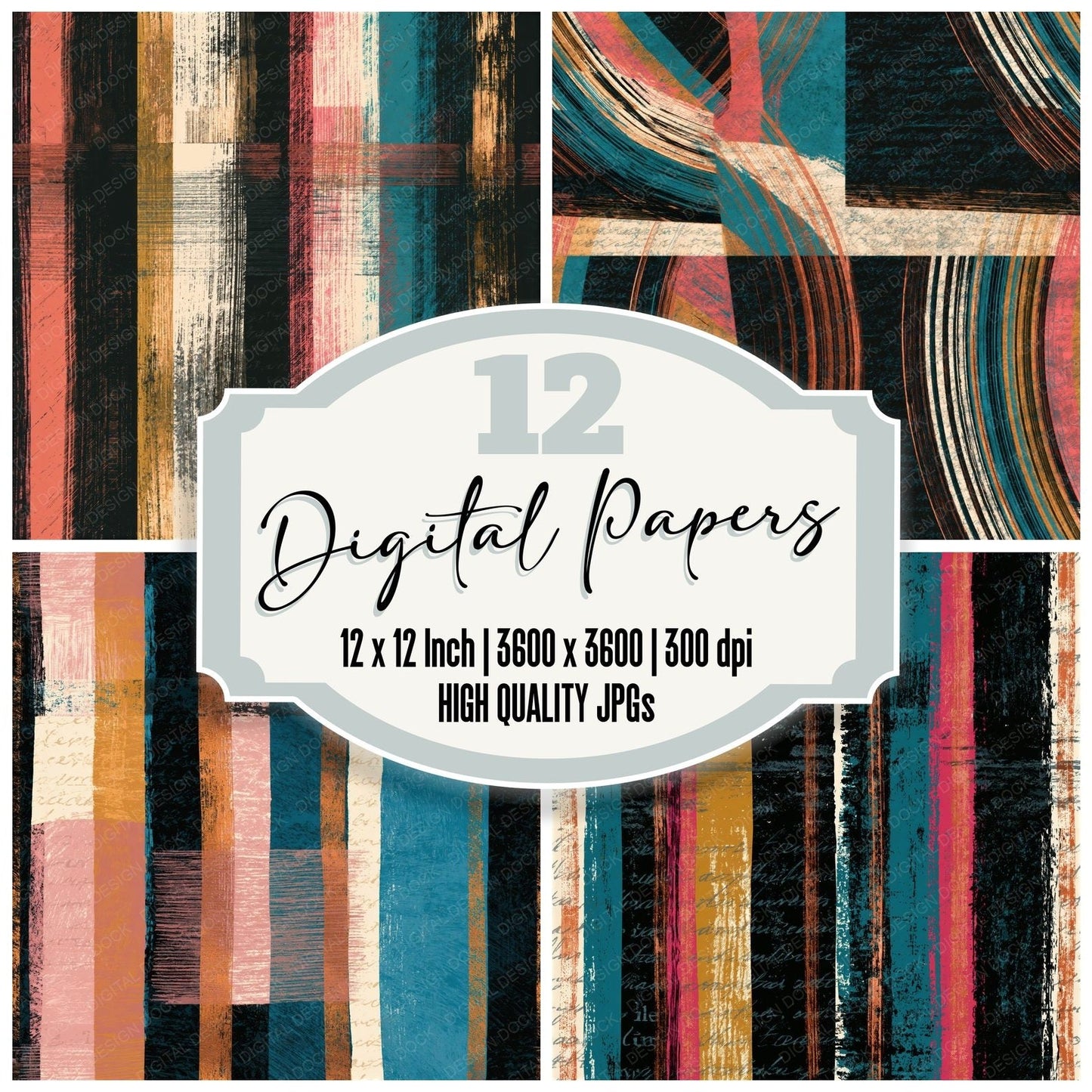 Scratchboard Turquoise Pink Ochre Abstract Seamless Digital Paper Pack (DDD016577)