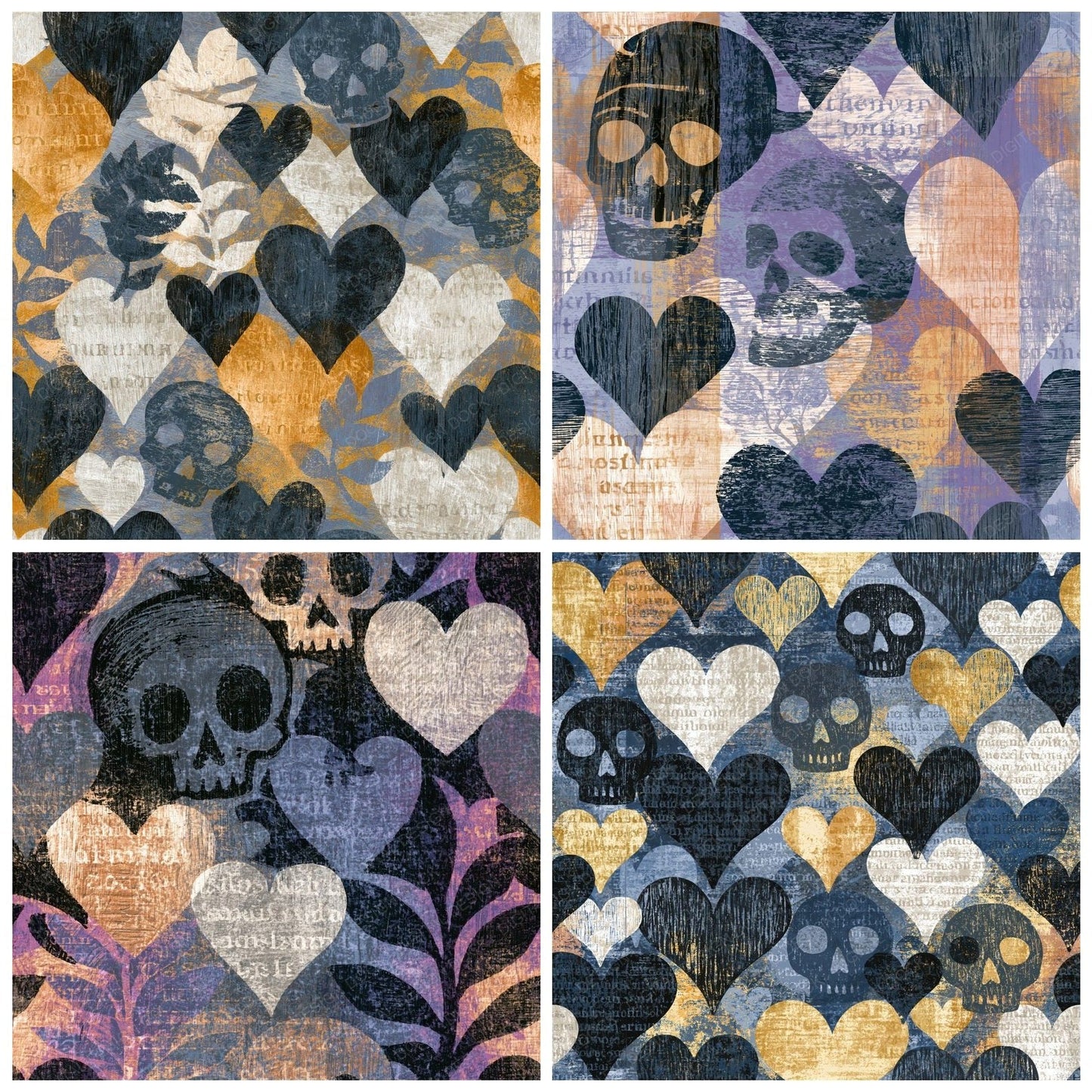 Woodcut Hearts Skulls Gunmetal Seamless Digital Paper Pack (DDD016582)