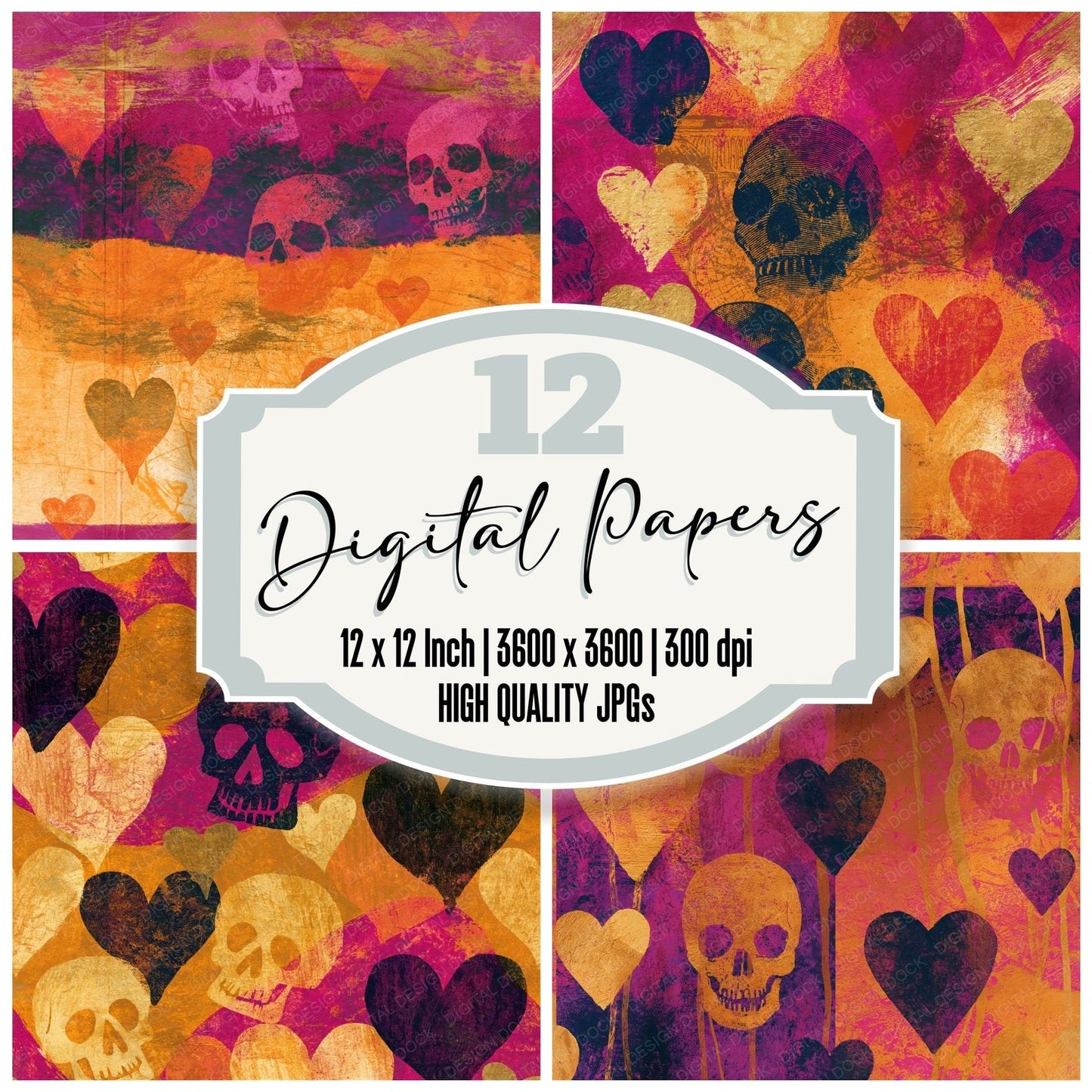 Linocut Hearts Skulls Amber Magenta Seamless Digital Paper Pack (DDD016585)