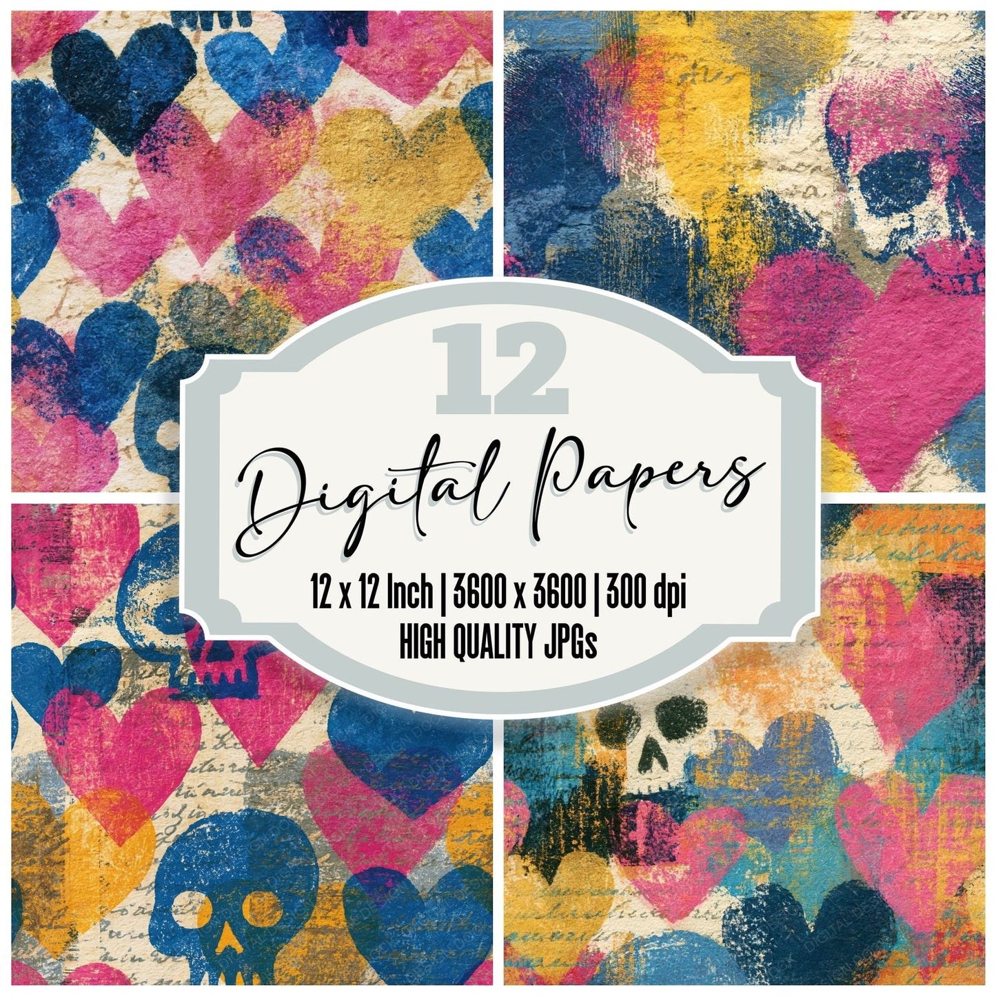 Lithograph Hearts Skulls Gelato Abstract Seamless Digital Paper Pack (DDD016586)