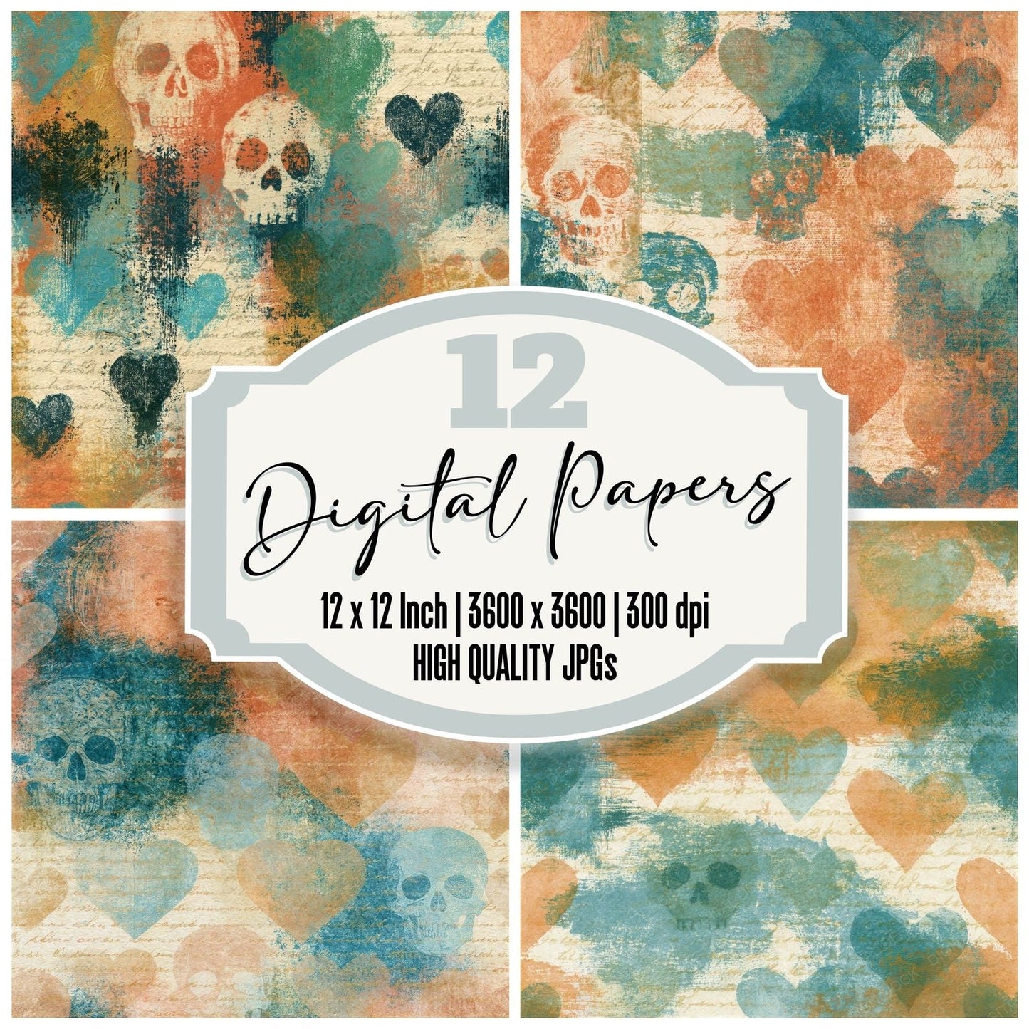 Lithograph Hearts Skulls Verdigris Seamless Digital Paper Pack (DDD016588)