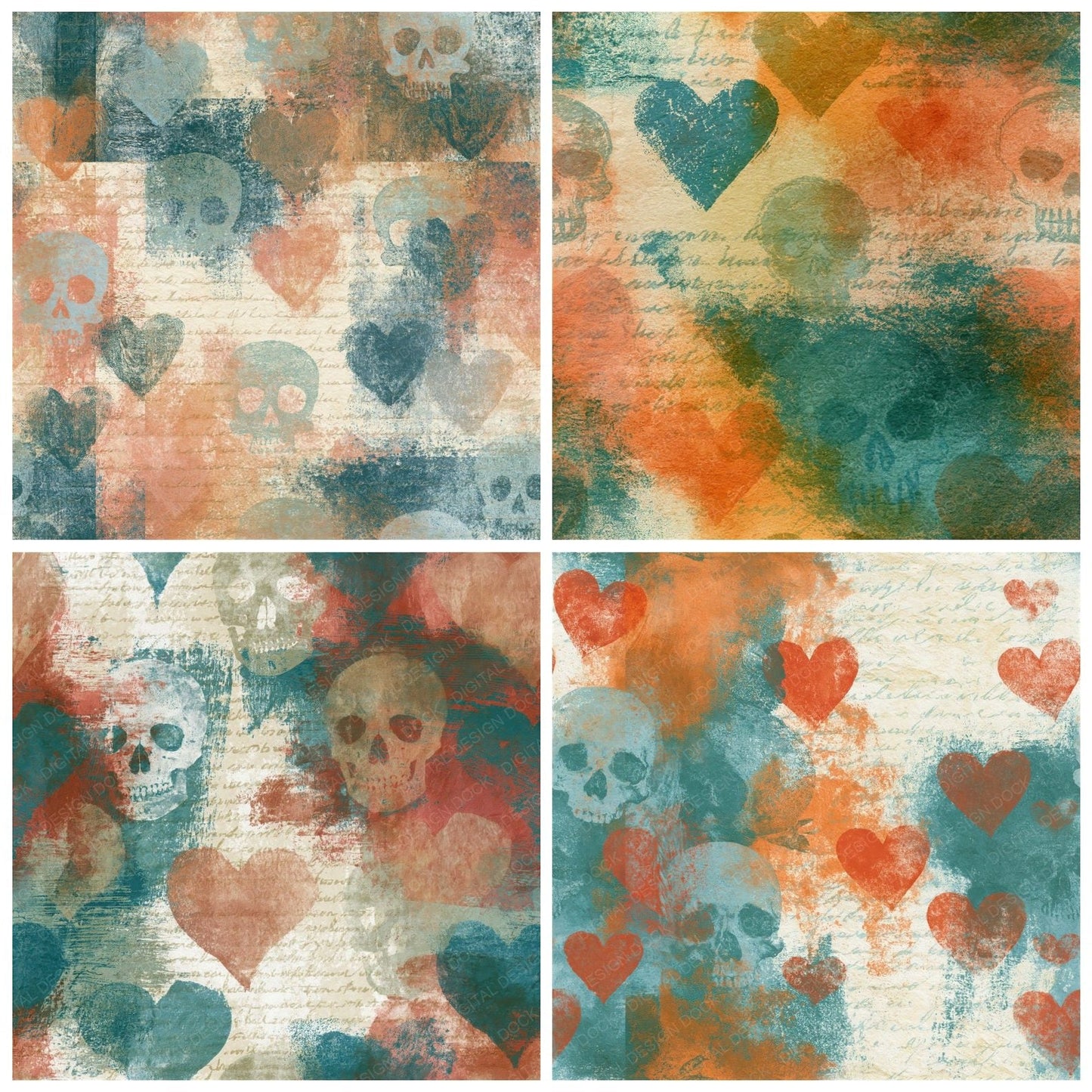 Lithograph Hearts Skulls Verdigris Seamless Digital Paper Pack (DDD016588)