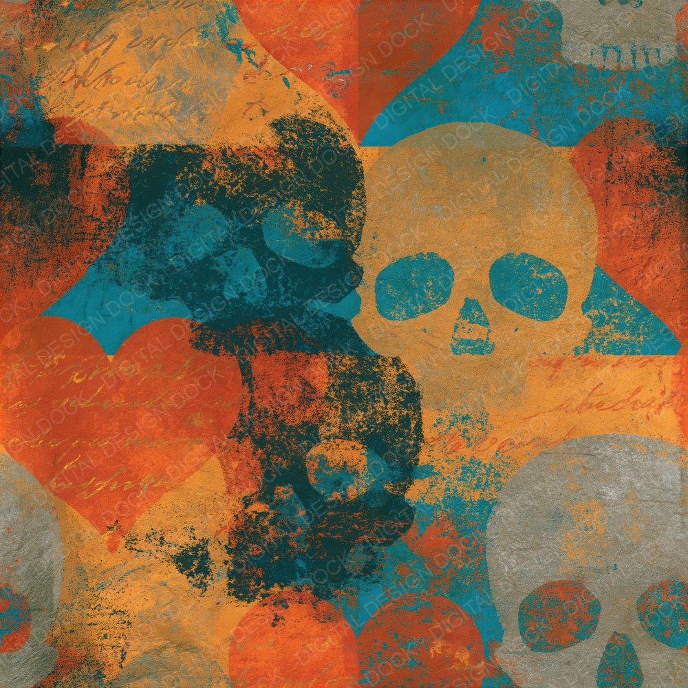 Lithograph Skulls Hearts Burnt Orange Turquoise Seamless Digital Paper Pack (DDD016589)