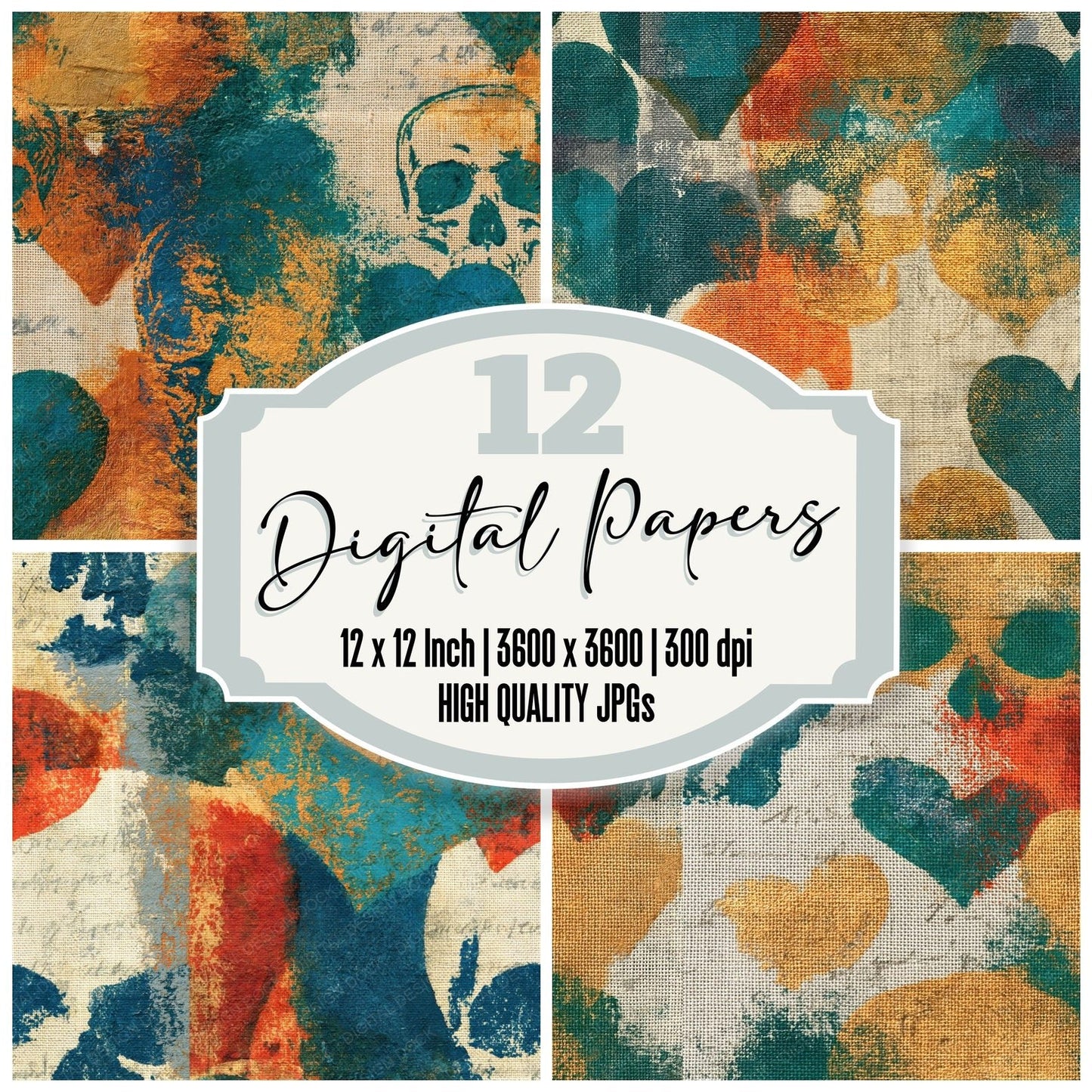 Monoprint Hearts Skulls Patinated Green Copper Seamless Digital Paper Pack (DDD016591)