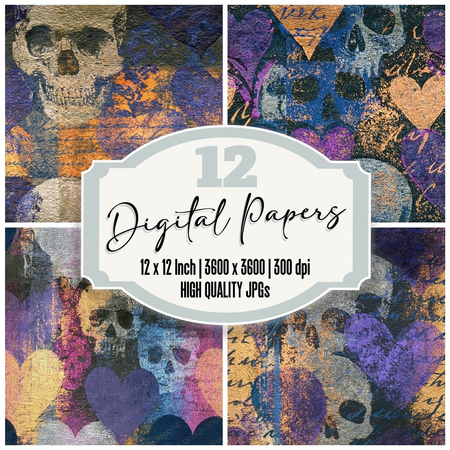 Monoprint Hearts Skulls Purple Seamless Digital Paper Pack (DDD016592)