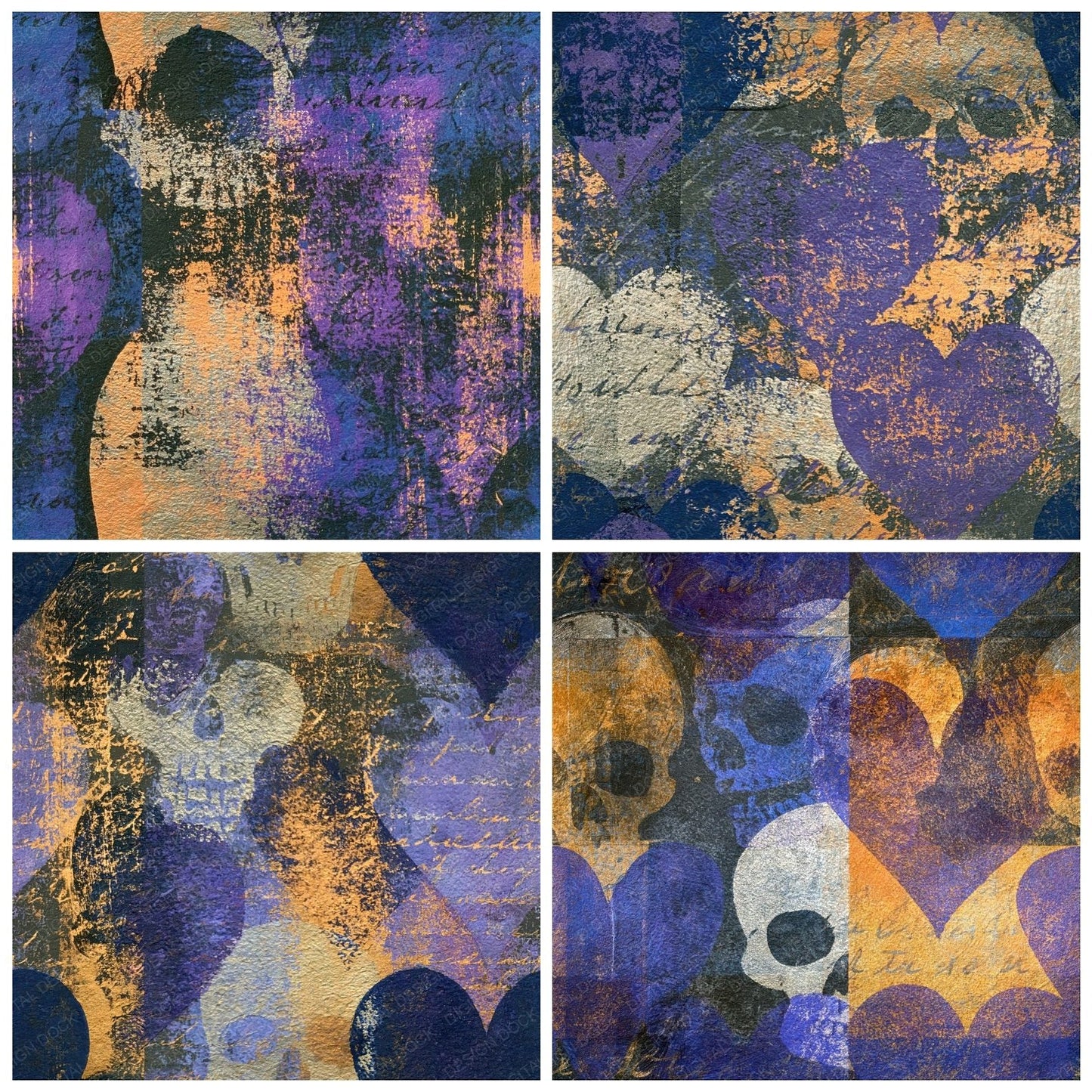 Monoprint Hearts Skulls Purple Seamless Digital Paper Pack (DDD016592)
