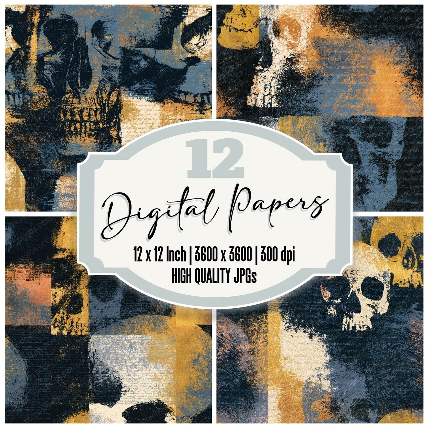 Scratchboard Grungy Skulls Thunder Brass Seamless Digital Paper Pack (DDD016594)