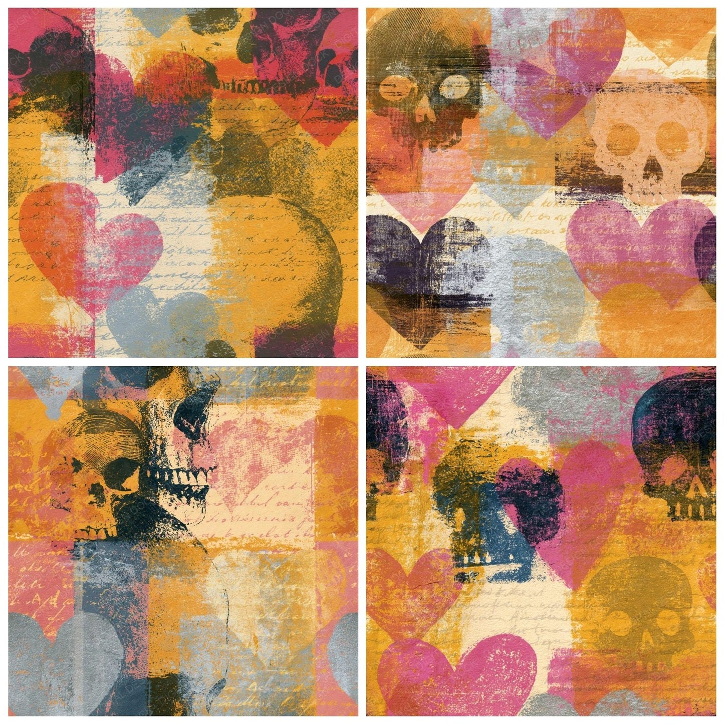 Screenprint Hearts Skulls Ochre Pink Seamless Digital Paper Pack (DDD016598)