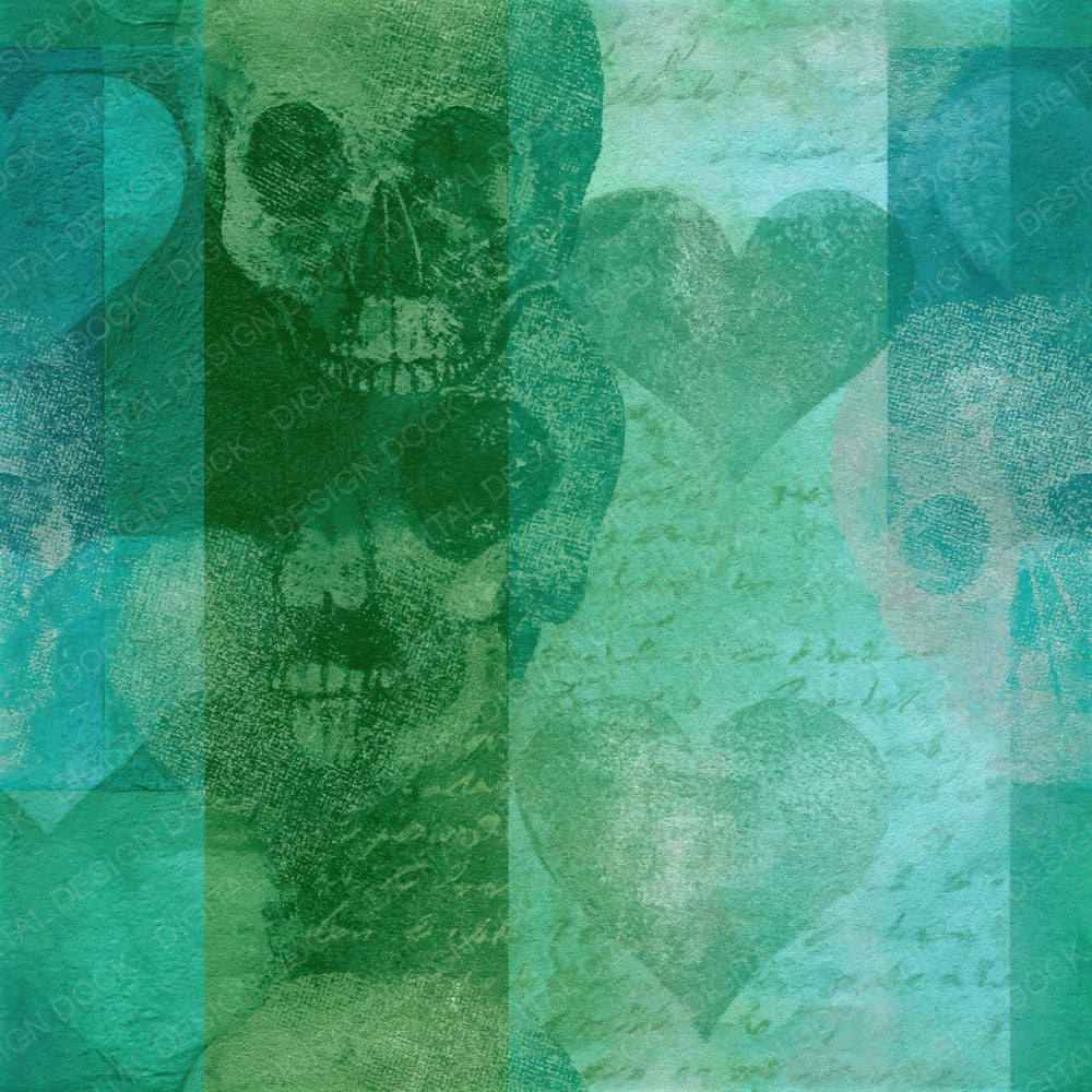 Woodblock Hearts Skulls Mint Jade Seamless Digital Paper Pack (DDD016600)