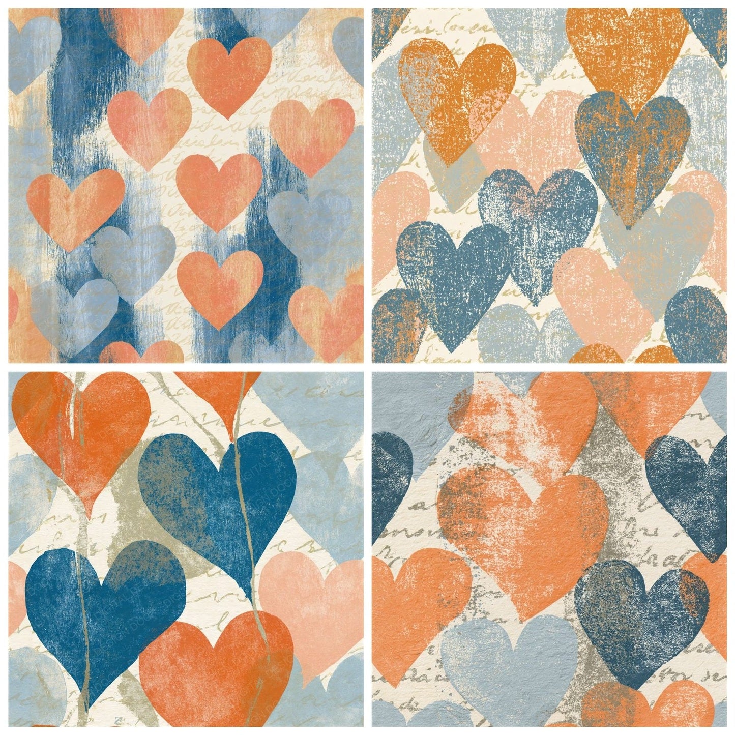 Linocut Hearts Peach Cream Seamless Digital Paper Pack (DDD016605)