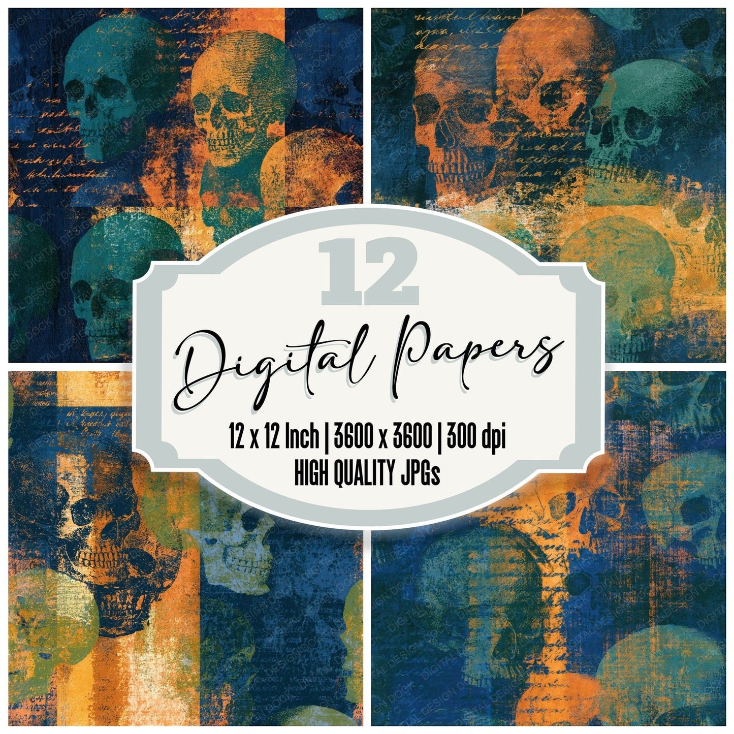 Monoprint Grungy Skulls Palm Green Ochre Seamless Digital Paper Pack (DDD016608)