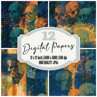 Monoprint Grungy Skulls Palm Green Ochre Seamless Digital Paper Pack (DDD016608)