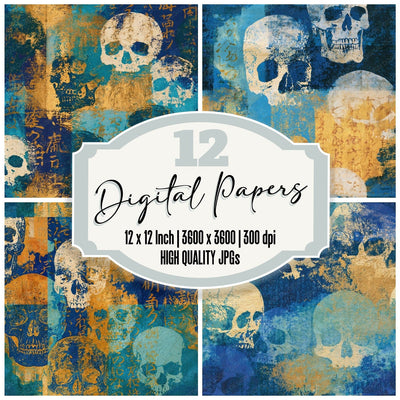 Monoprint Grungy Skulls Seafoam Bone Seamless Digital Paper Pack (DDD016610)