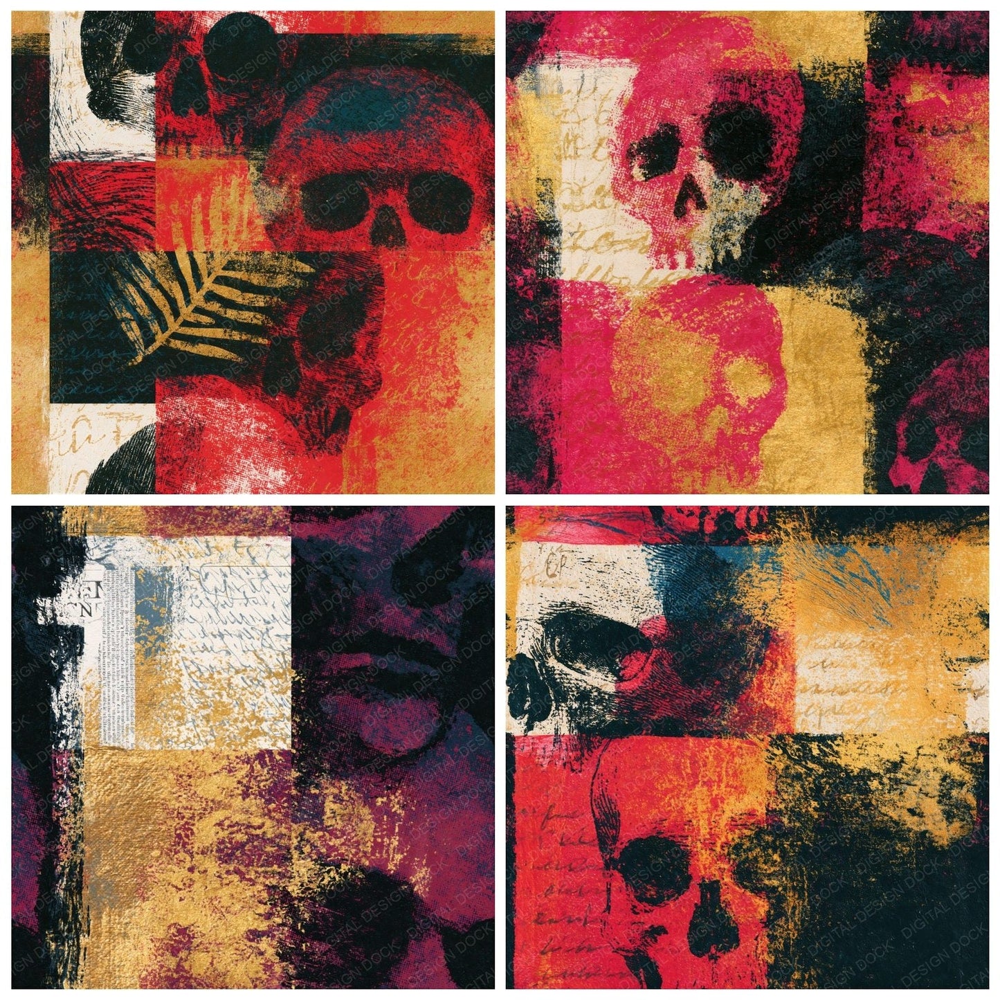 Risograph Grungy Skulls Black Oxblood Seamless Digital Paper Pack (DDD016611)