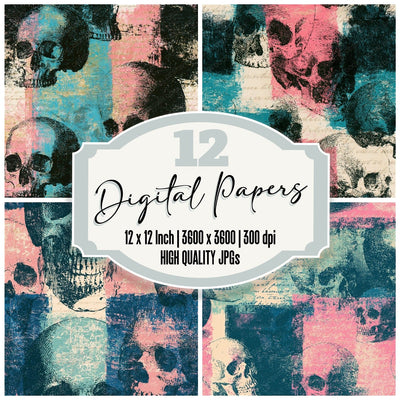 Scratchboard Grungy Skulls Pink Seafoam Seamless Digital Paper Pack (DDD016612)