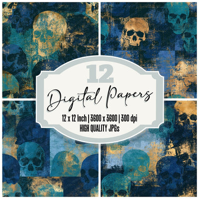 Screenprint Grungy Skulls Navy Teal Seamless Digital Paper Pack (DDD016617)