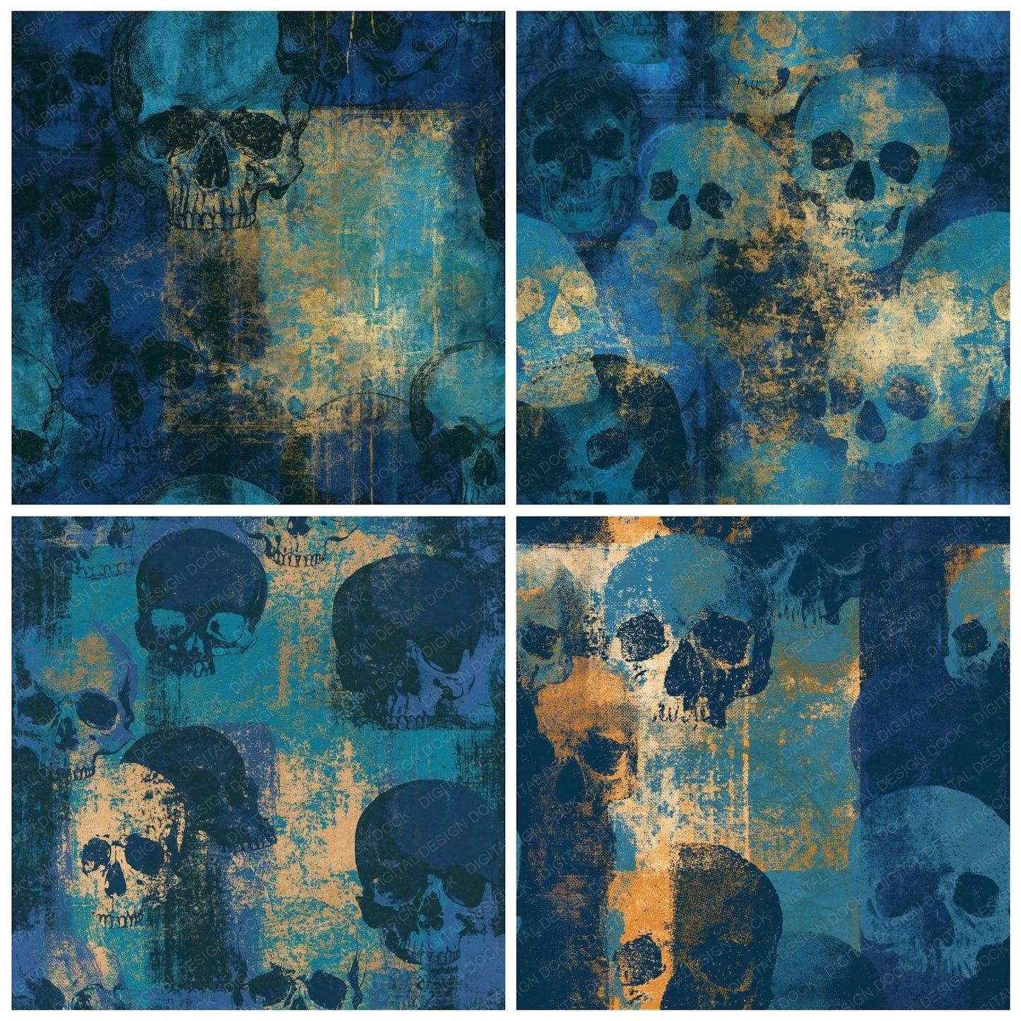 Screenprint Grungy Skulls Navy Teal Seamless Digital Paper Pack (DDD016617)