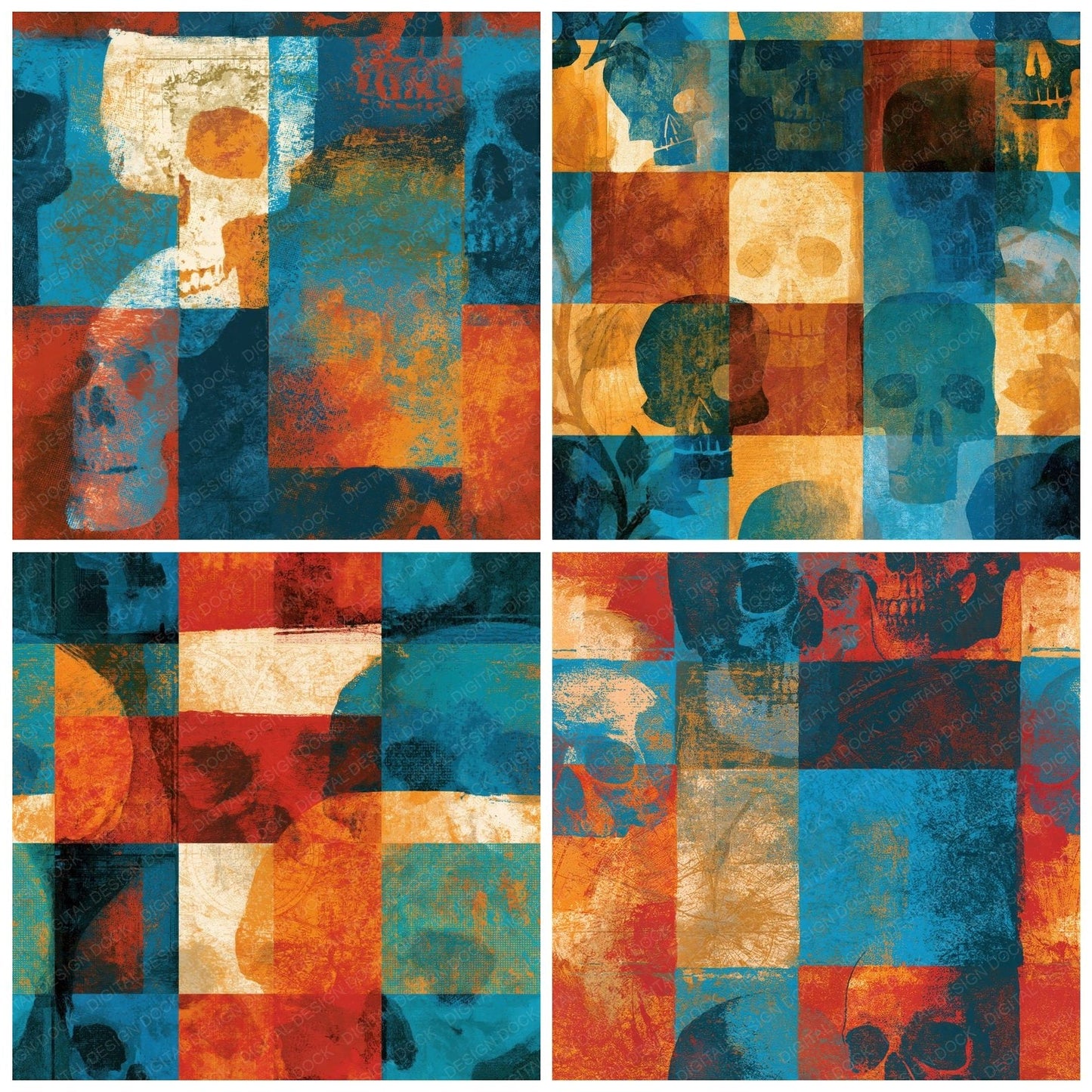 Screenprint Grungy Skulls Rust Turquoise Seamless Digital Paper Pack (DDD016619)