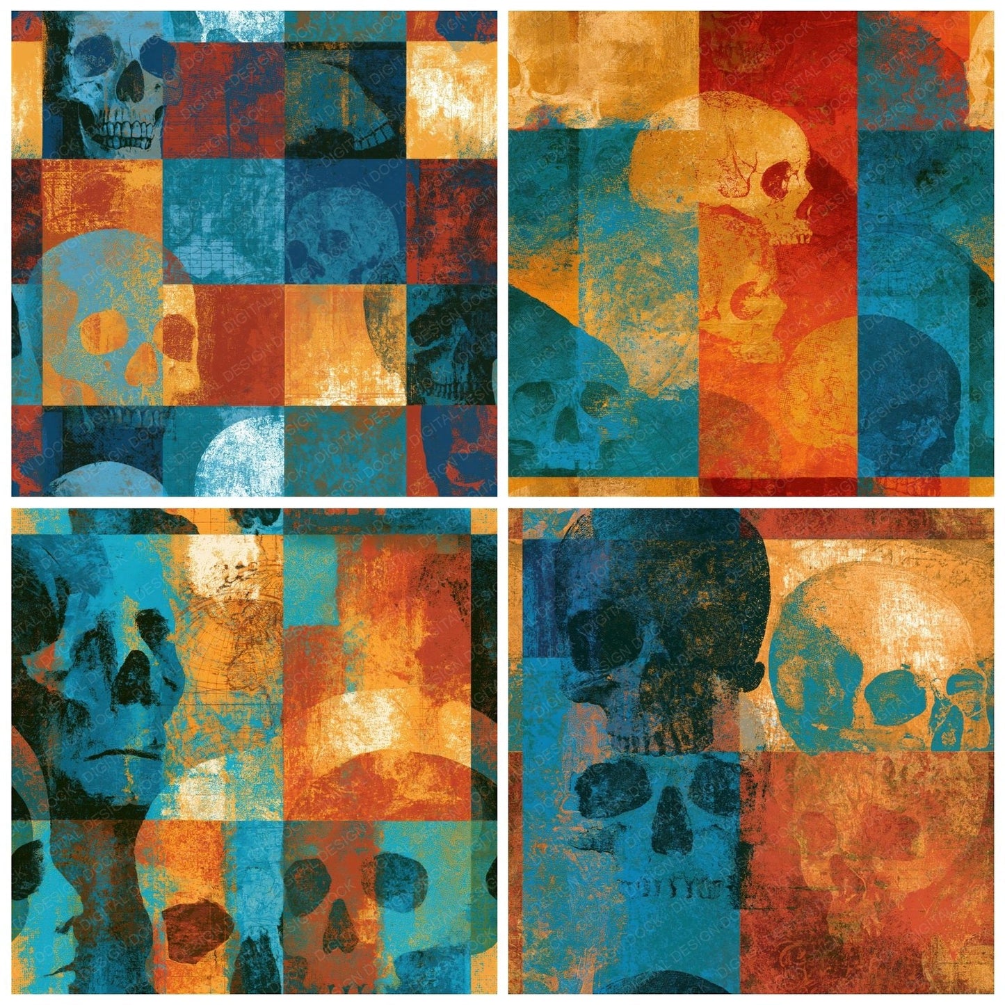 Screenprint Grungy Skulls Rust Turquoise Seamless Digital Paper Pack (DDD016619)