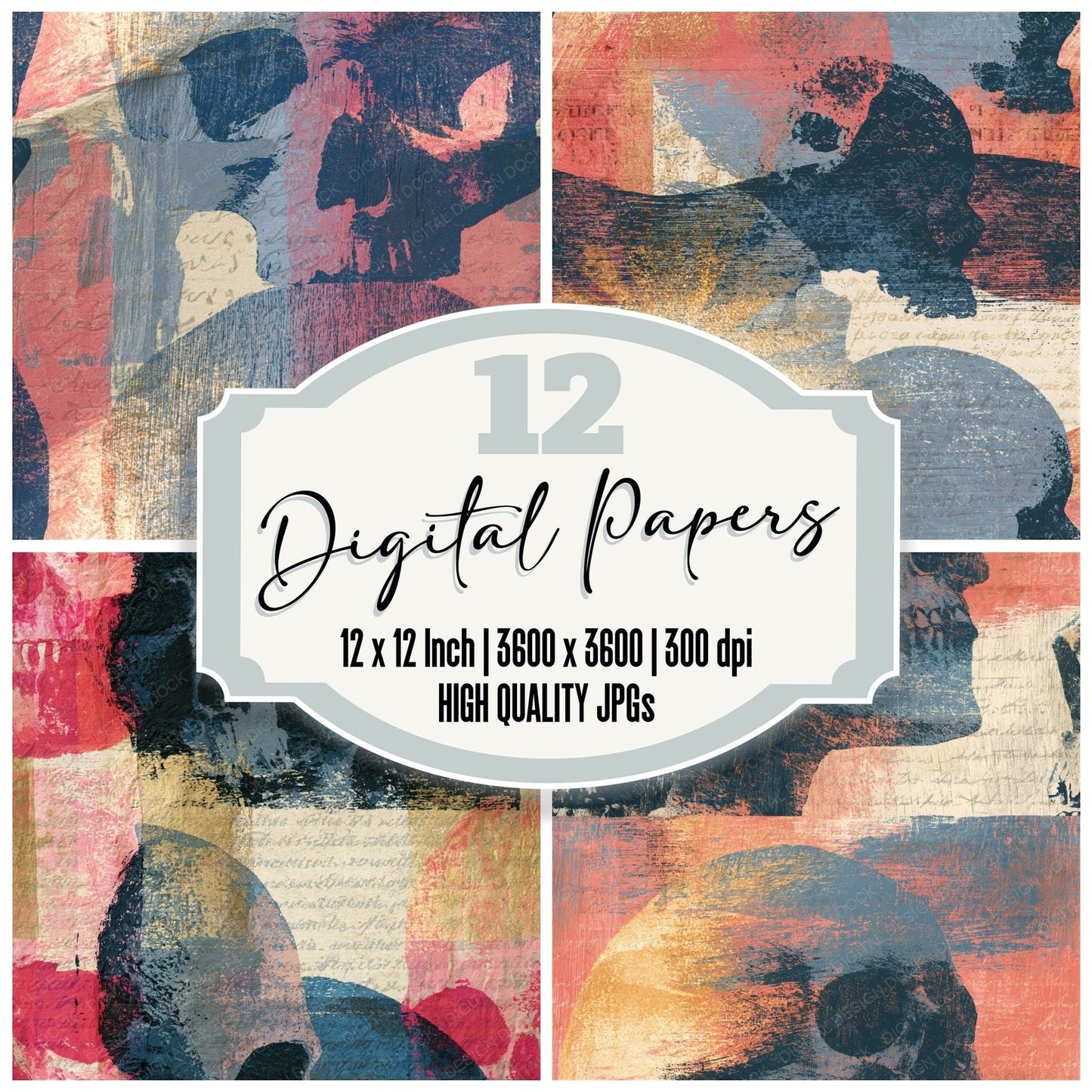 Woodcut Skulls Ash Rose Seamless Digital Paper Pack (DDD016623)
