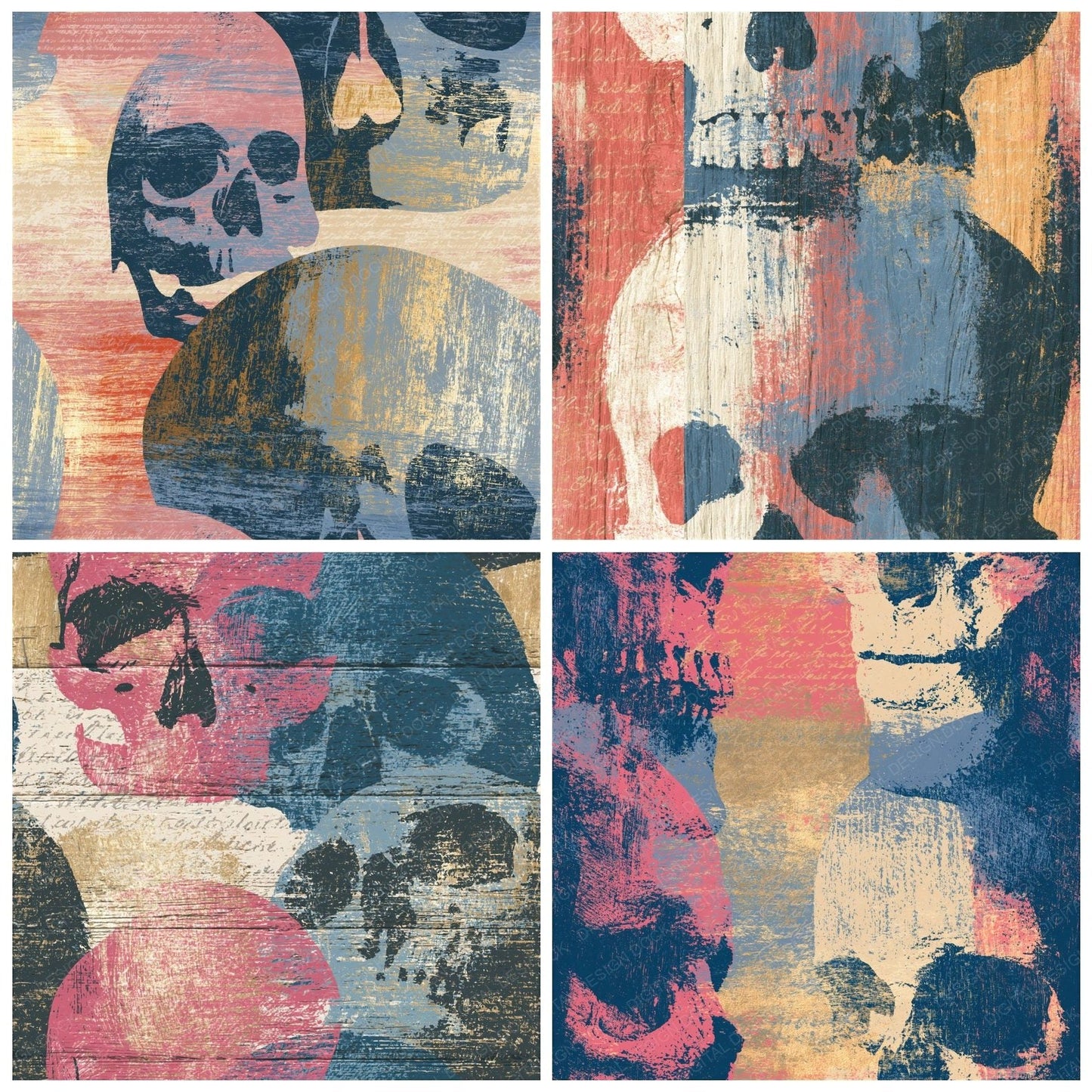 Woodcut Skulls Ash Rose Seamless Digital Paper Pack (DDD016623)