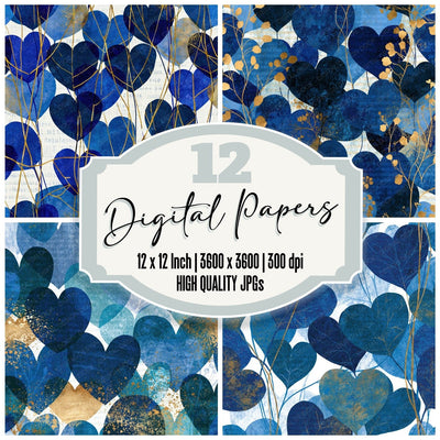 Scandinavian Love Hearts Electric Navy Abstract digital paper pack cover showing four of the 12 papers