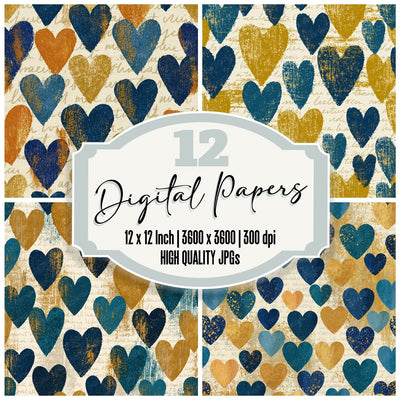 Scandinavian Love Hearts Gold Jewel Blue digital paper pack cover showing four of the 12 papers