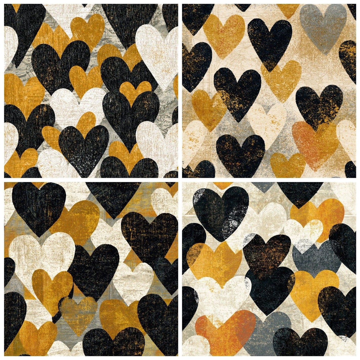 Woodblock Love Hearts Jet Cream Seamless Digital Paper Pack (DDD016642)