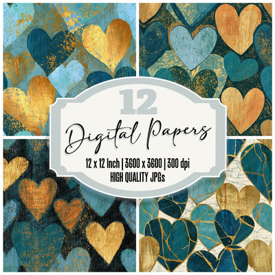 Woodcut Love Hearts Sea Glass Gold Seamless Digital Paper Pack (DDD016643)