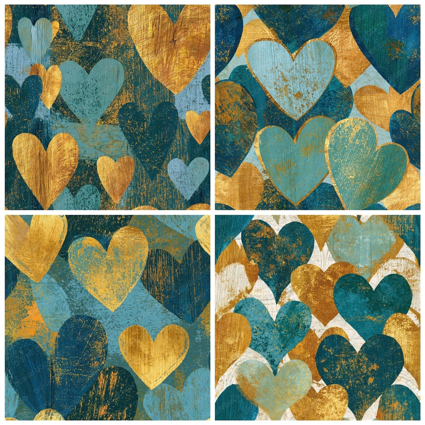 Woodcut Love Hearts Sea Glass Gold Seamless Digital Paper Pack (DDD016643)