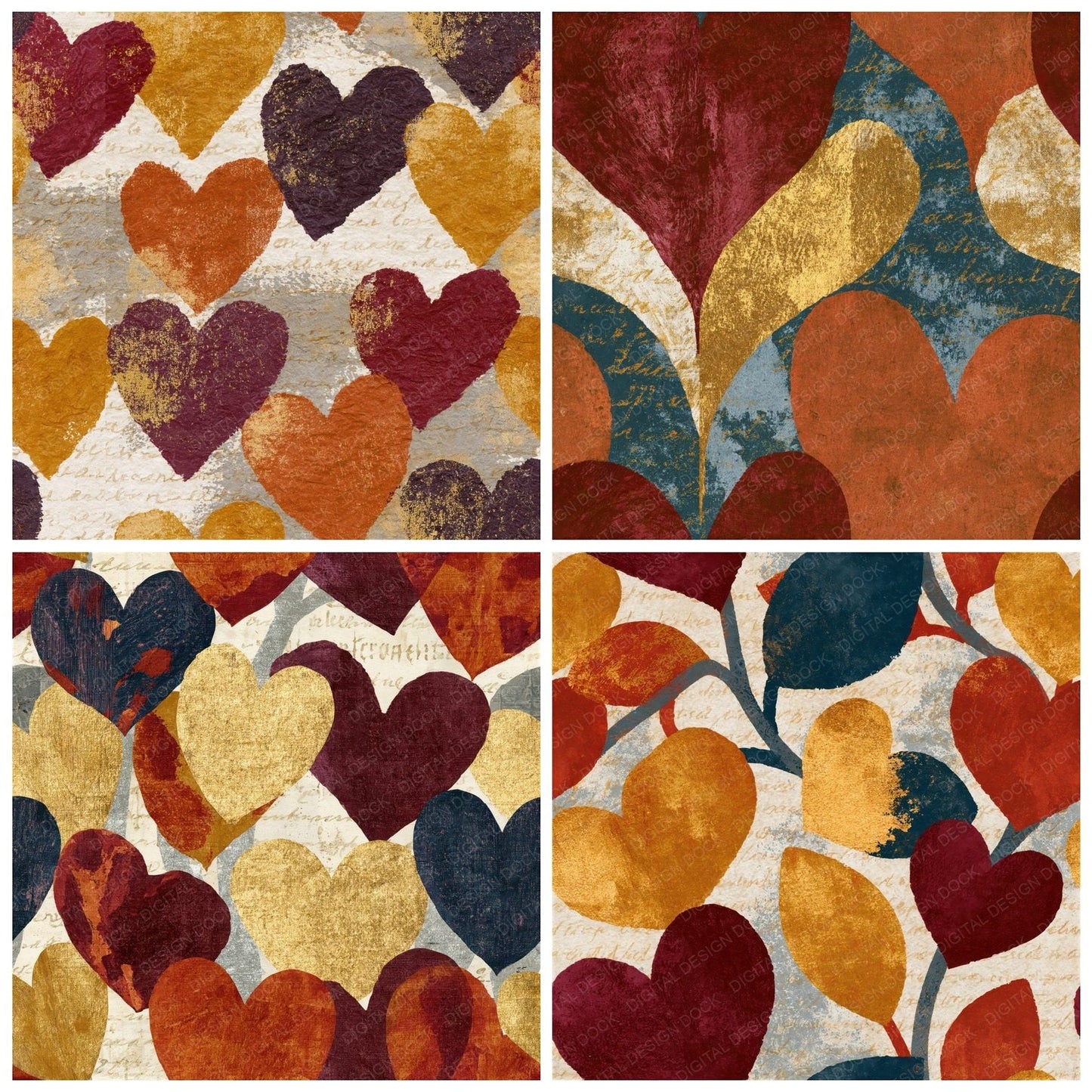 Chinoiserie Love Hearts Rust Maroon Seamless Digital Paper Pack (DDD016646)